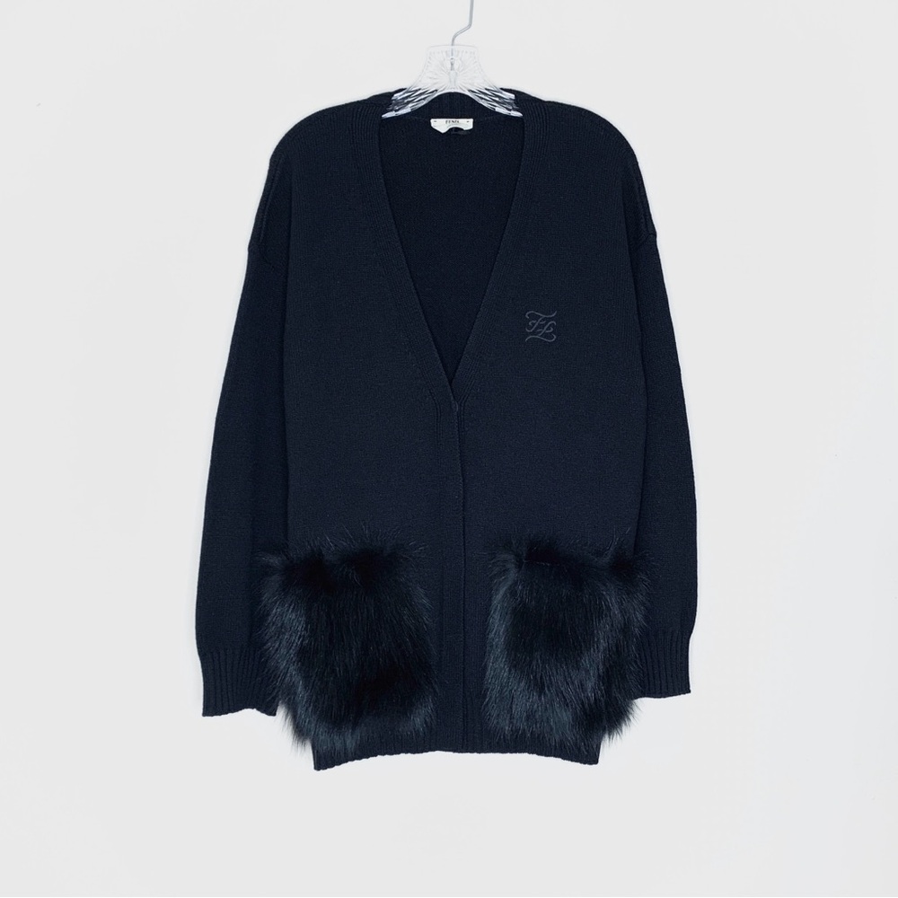 Fendi Fur Pocket Cardigan (Sz IT 42) V-Neck Wool Silk Cashmere Karligraphy Black
